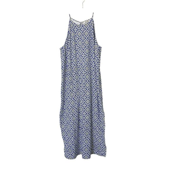 Boden Racer Neck Jersey Midi Dress Womens Size 14 Blue Tile Print - Picture 1 of 11